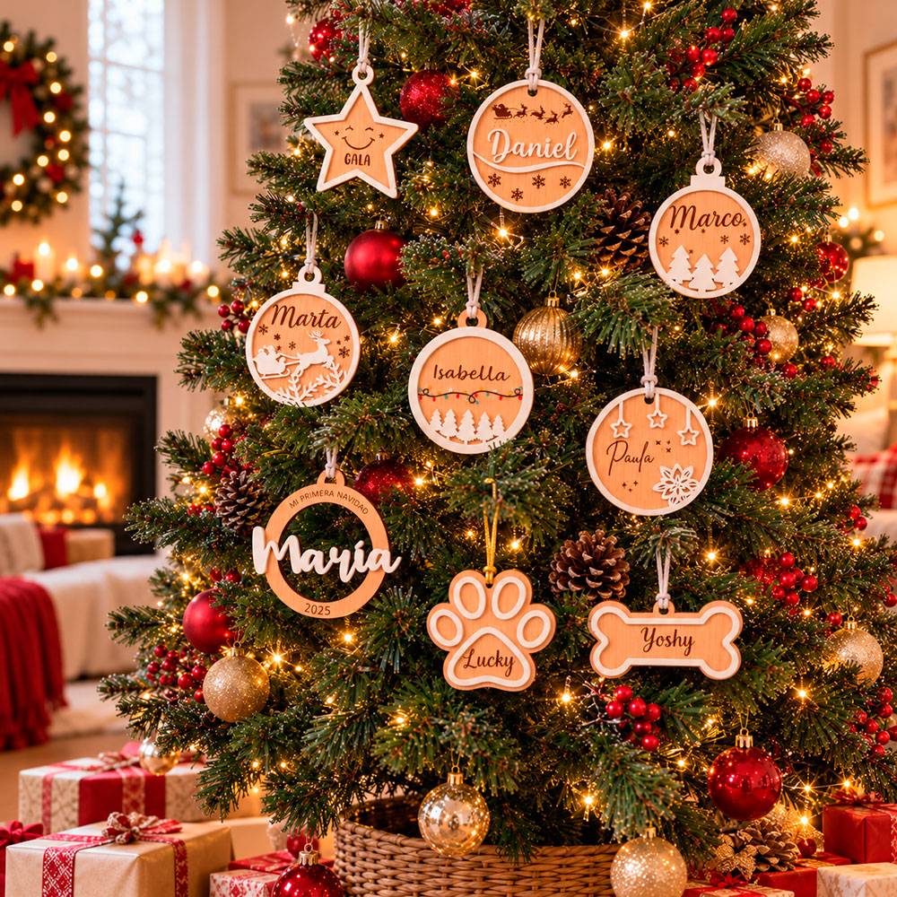 Árbol de Navidad con adornos de madera personalizados con nombres