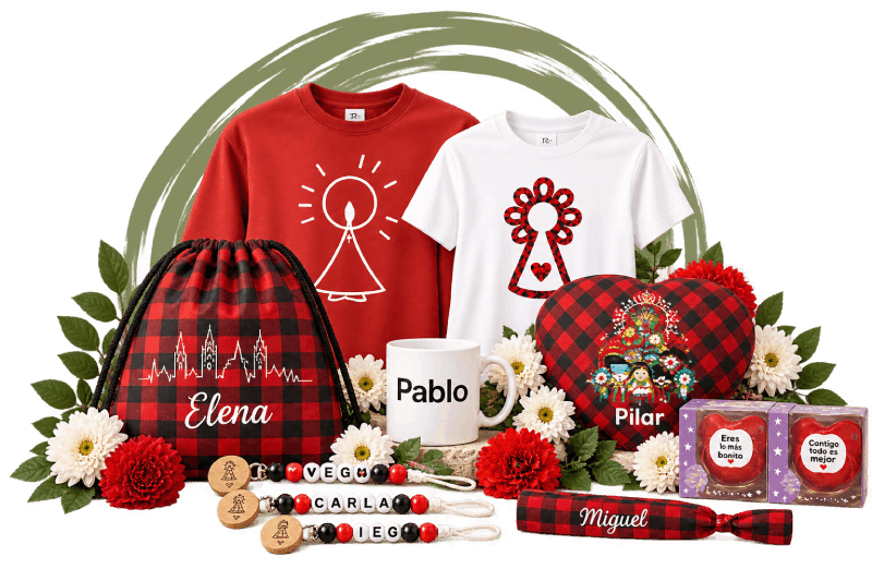 Conjunto de regalos personalizados con motivos navideños, incluyendo camisetas, una taza con el nombre Pablo, cojín, llaveros y detalles decorativos.