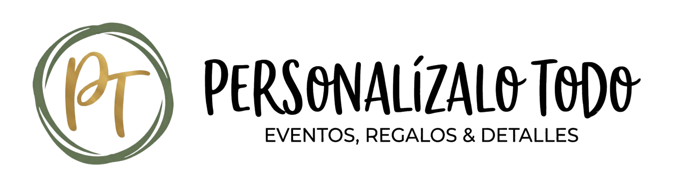 Logotipo de Personalízalo Todo con letras doradas PT en círculo verde y texto negro que dice Eventos, Regalos y Detalles sobre fondo oscuro.