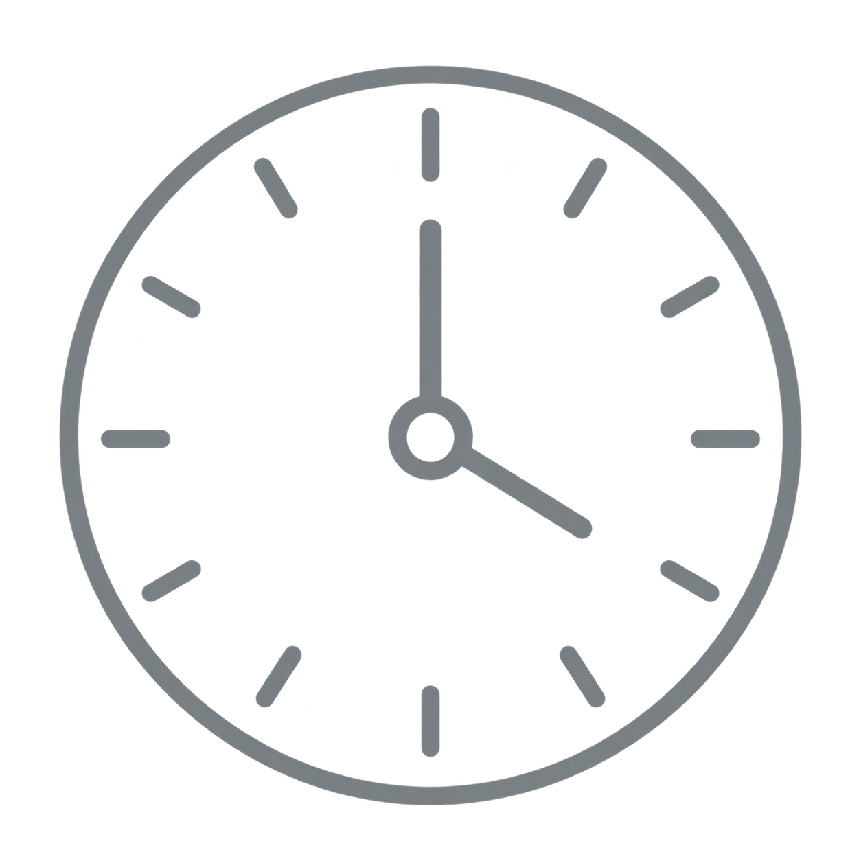 Icono de un reloj analógico de diseño minimalista con líneas grises sobre fondo negro, representando el tiempo en un sitio web de mantenimiento.