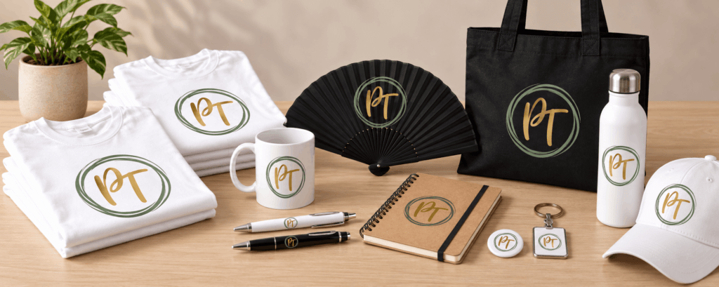 Conjunto de artículos promocionales con el logotipo PT, incluyendo camisetas, una taza, abanico, libreta, bolígrafos, bolsa, termo y gorra en una mesa.