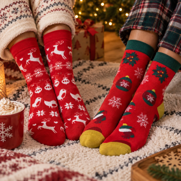 Calcetines rojos de Navidad con dibujos de renos y copos de nieve