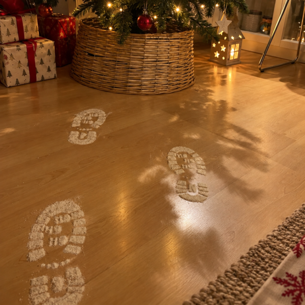 Recorrido de pisadas de Papá Noel junto al árbol de Navidad como idea para usar las plantillas de huellas