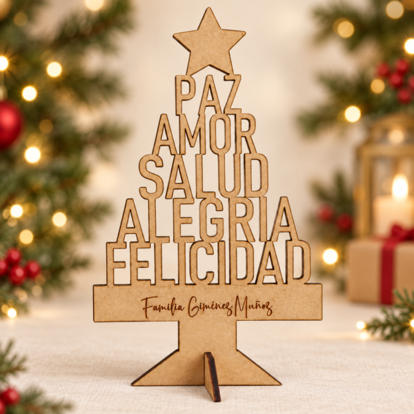Árbol de Navidad de sobremesa en madera, personalizado con apellido familiar y palabras navideñas, sobre un fondo con luces cálidas y ramas de abeto.