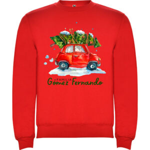 Sudadera de Navidad personalizada roja con ilustración de coche navideño, árboles de Navidad y apellido familiar.