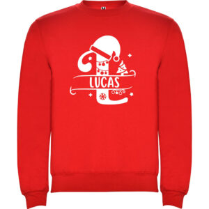 Sudadera roja de Navidad personalizada con la inicial L, el nombre Lucas y motivos navideños en blanco.